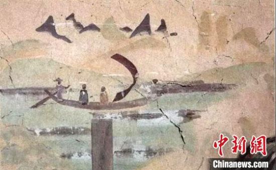 “一人搖櫓晃扁舟，兩人撐篙水上漂?！眻D為莫高窟第323窟《搖櫓帆船》（初唐）?！《鼗脱芯吭汗﹫D